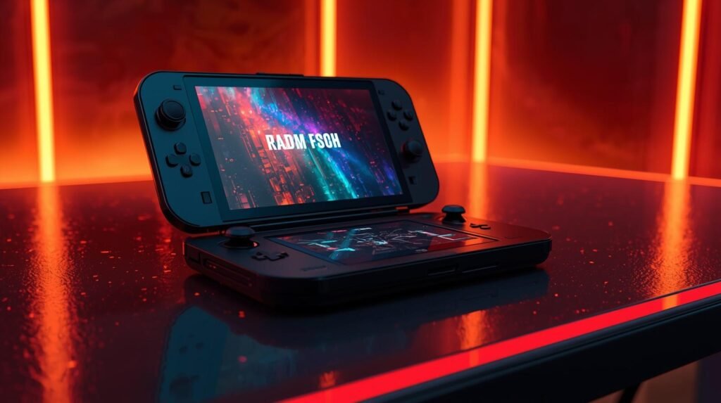 Nintendo DSi XL handheld gaming console open with large dual screens on a desk with red neon lighting.