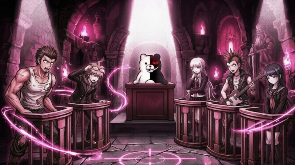 Anime-style scene showing students standing at courtroom podiums inside a dark gothic chamber while a sinister half-black, half-white bear sits as the judge in the center.