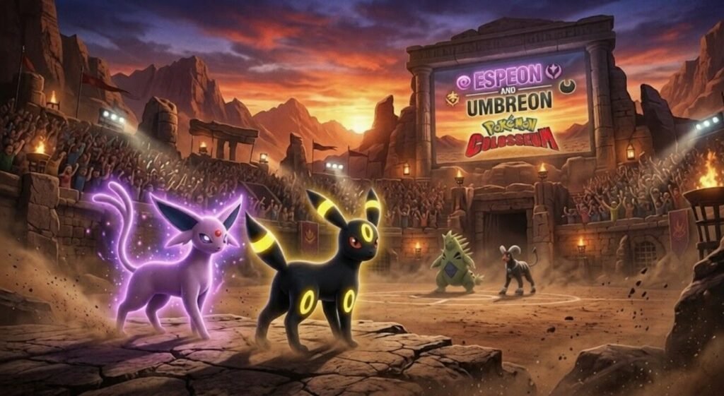 Espeon and Umbreon battle in a desert arena in Pokémon Colosseum.