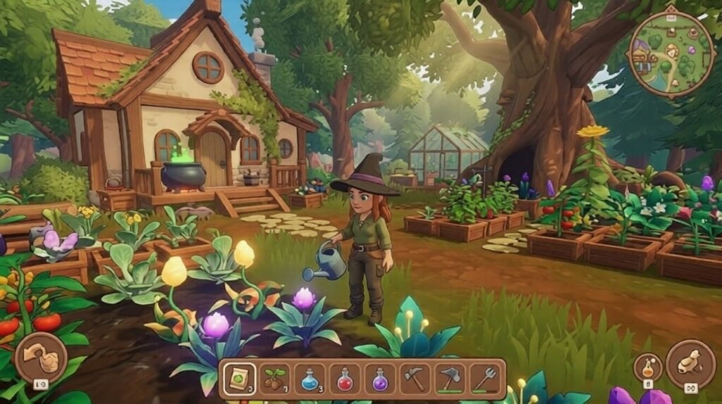 Colorful gameplay scene showing a witch character watering glowing plants in a cozy garden, with a cottage, crops, crafting tools, and UI elements visible.