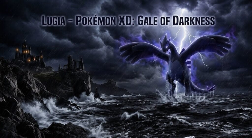 Shadow Lugia flying above a stormy ocean in Pokémon XD: Gale of Darkness.