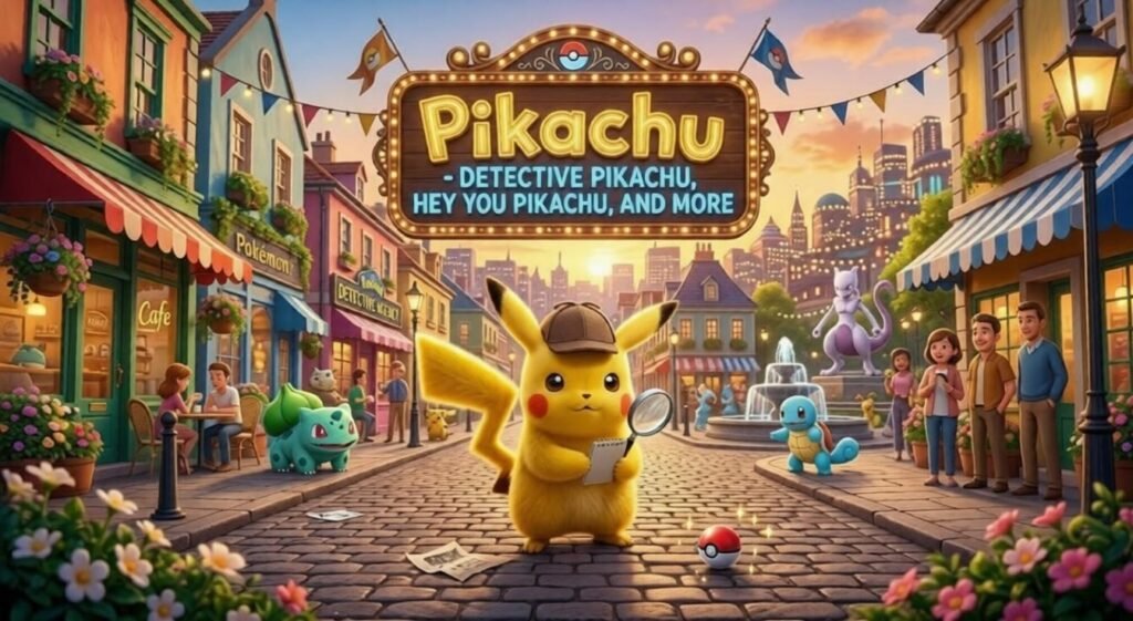 Detective Pikachu standing in a city street with other Pokémon nearby.
