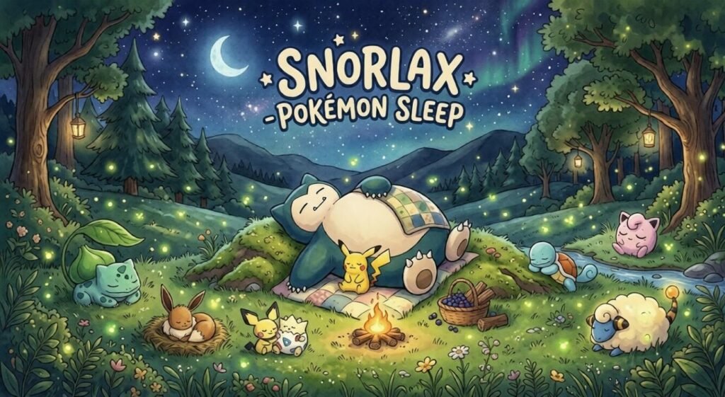 A cozy nighttime forest scene showing Snorlax sleeping peacefully under the stars while Pikachu and other Pokémon sit around a small campfire in a magical glowing forest inspired by Pokémon Sleep.