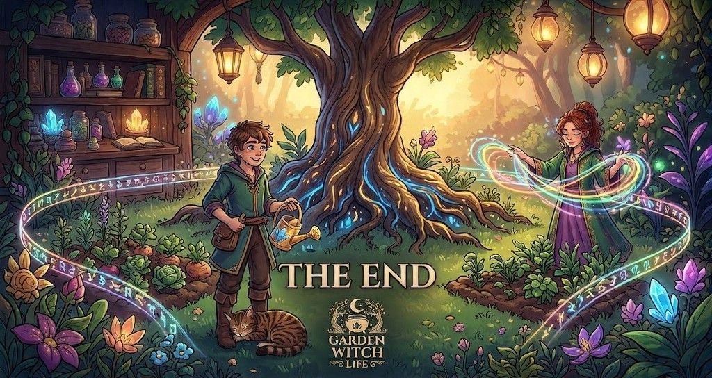 Illustrated fantasy scene showing two characters tending a magical garden, glowing plants, and a large enchanted tree, with “The End” text displayed in the center.