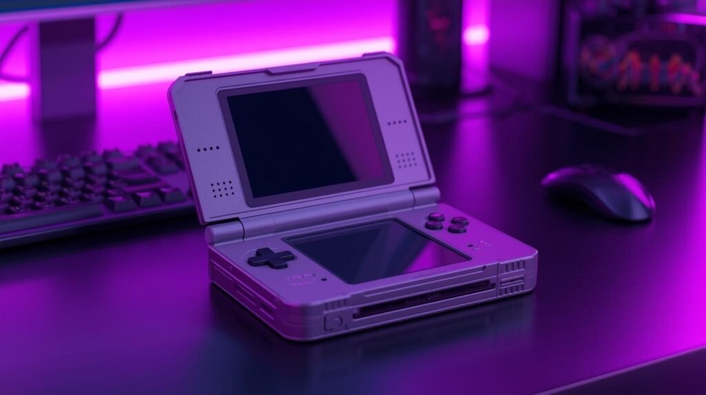 Original Nintendo DS Phat handheld console open with dual screens and stylus controls on a desk with purple lighting.