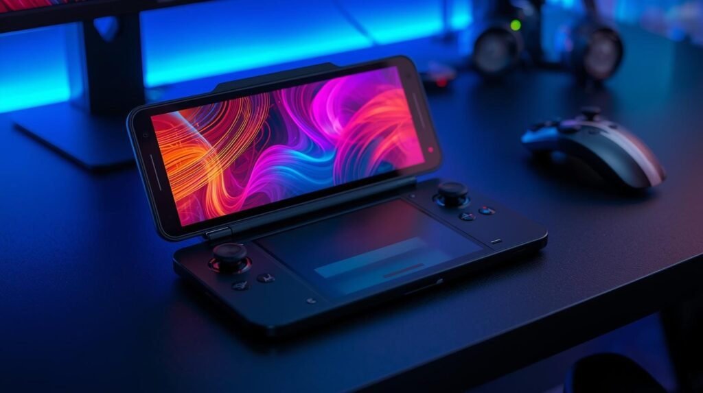 Nintendo 2DS handheld gaming console with dual screens and controls placed on a desk with colorful lighting.