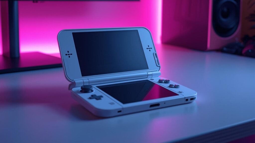 Nintendo DS Lite handheld console open with dual screens and controls on a desk with pink and blue lighting.