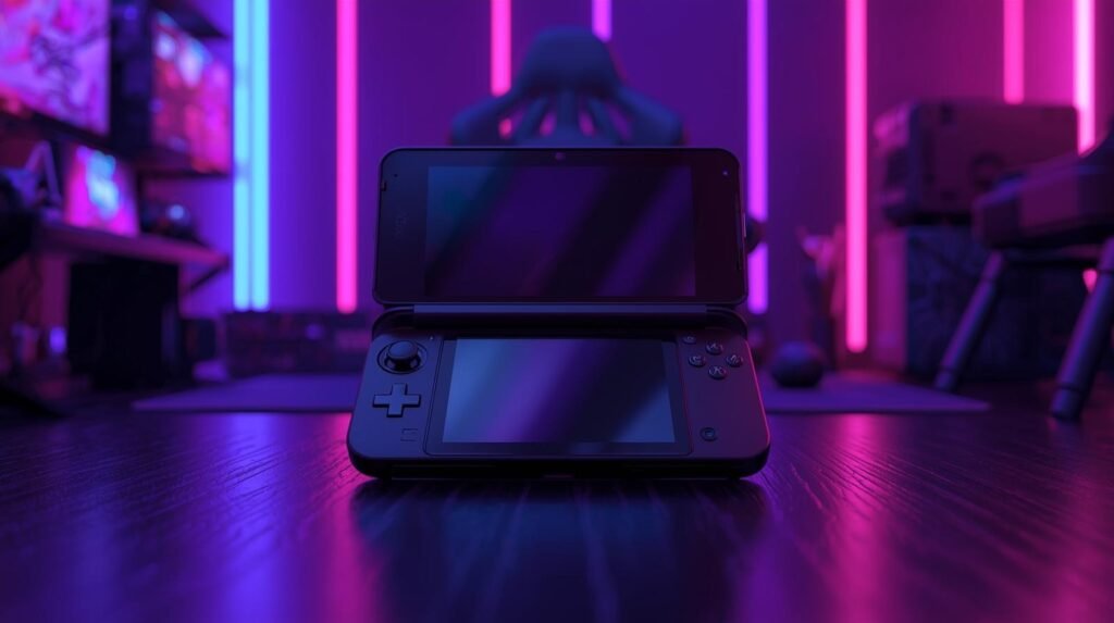Nintendo 3DS XL handheld gaming console open on a desk with dual screens and controls in a colorful neon-lit gaming room.