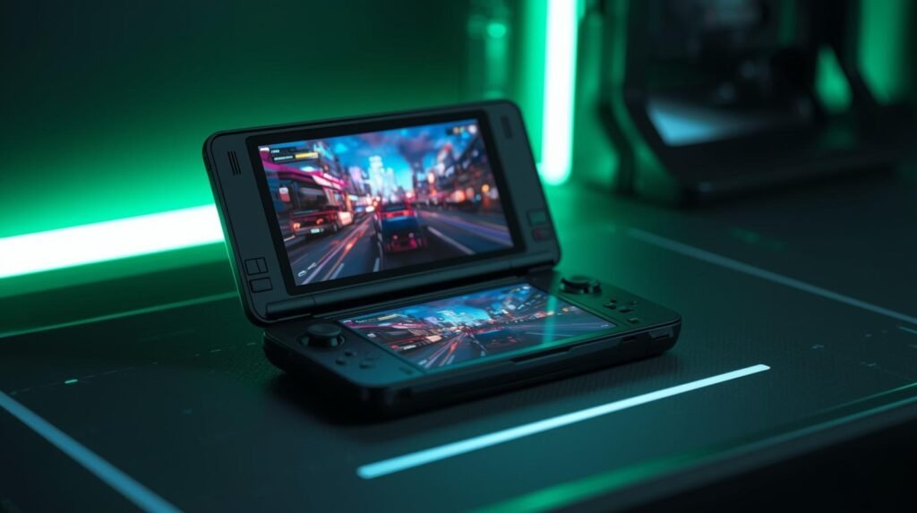Original Nintendo 3DS handheld gaming console open with dual screens showing a racing game in a neon-lit gaming setup.