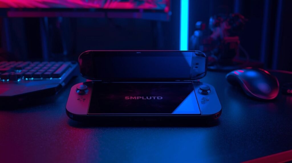 Nintendo New 3DS XL handheld gaming console open on a desk with large dual screens and controls in a colorful gaming setup.