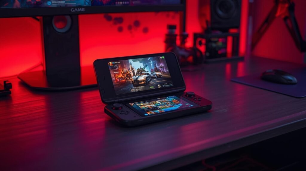 Nintendo DSi XL handheld gaming console with large dual screens displaying a game, placed on a desk with red ambient lighting.