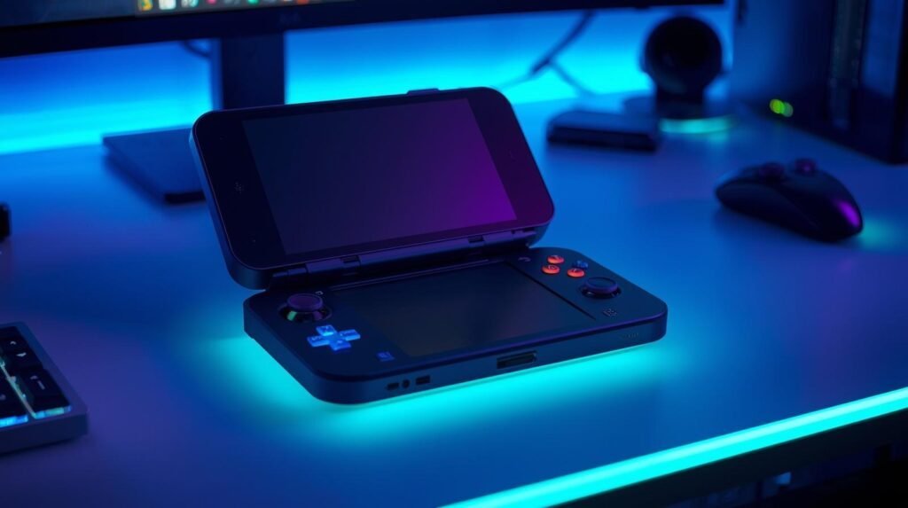 Nintendo New 3DS handheld gaming console open on a desk with dual screens, analog stick, and C-stick controls under blue lighting.