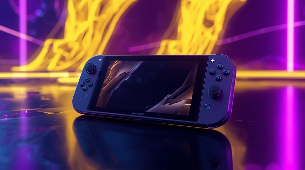 Nintendo New 2DS XL handheld gaming console with dual screens and controls displayed on a neon-lit surface.