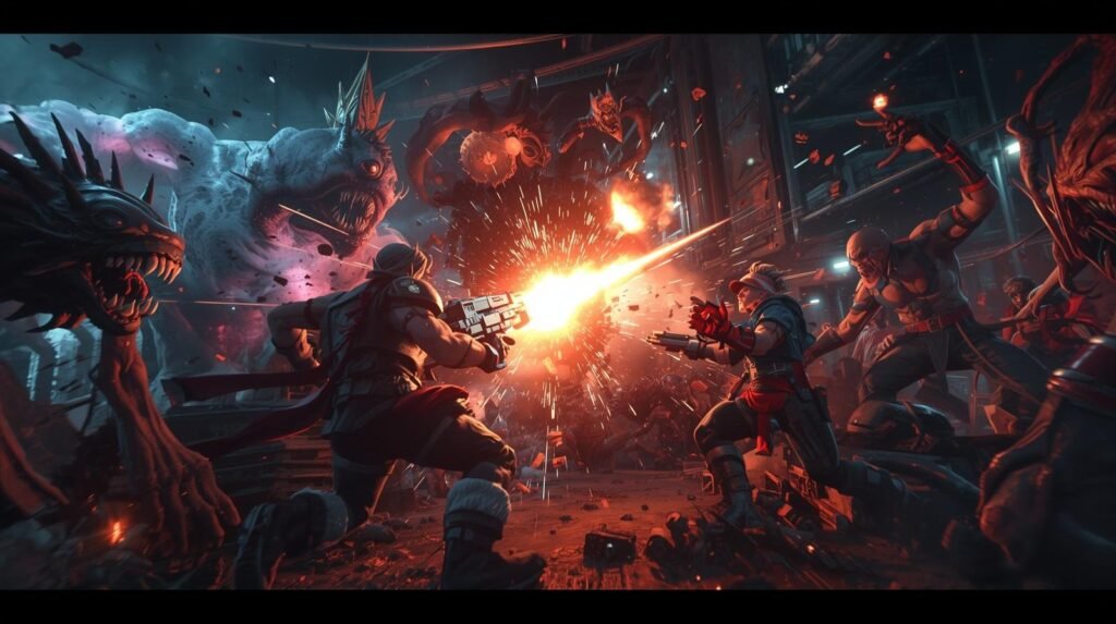 Iron Meat co-op gameplay showing two players fighting mutant monsters in intense run-and-gun action