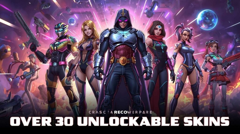 Iron Meat unlockable skins showing multiple customizable characters with different outfits and futuristic designs