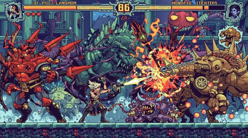 Iron Meat layered boss battle gameplay showing player fighting multiple mutant monsters in a retro run-and-gun shooter