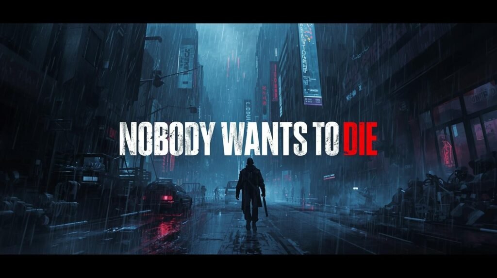 A lone detective walking through a rainy neon-lit cyberpunk city street at night in Nobody Wants to Die.