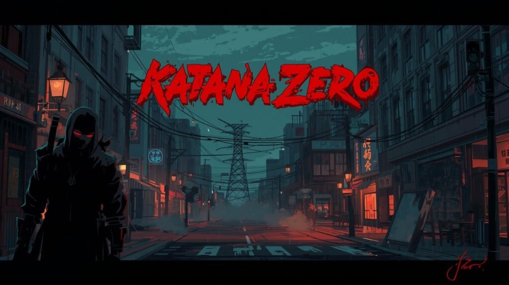 Hooded assassin with a katana standing in a neon-lit cyberpunk street from Katana Zero.