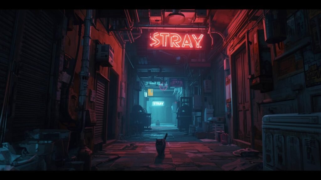 A small cat walking through a neon-lit cyberpunk alley in the game Stray.