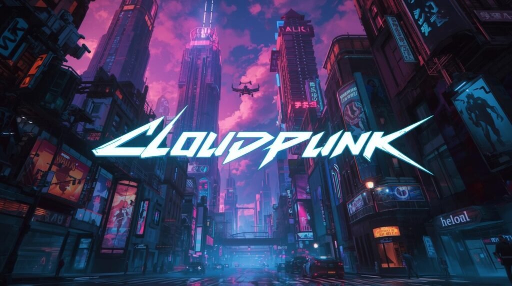 Futuristic neon cyberpunk city skyline from Cloudpunk with tall buildings, holographic ads, and flying vehicles.