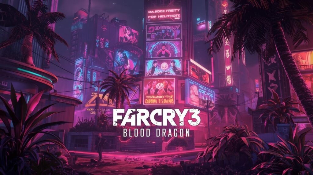 Neon cyberpunk city with glowing billboards and palm trees from Far Cry 3 Blood Dragon.