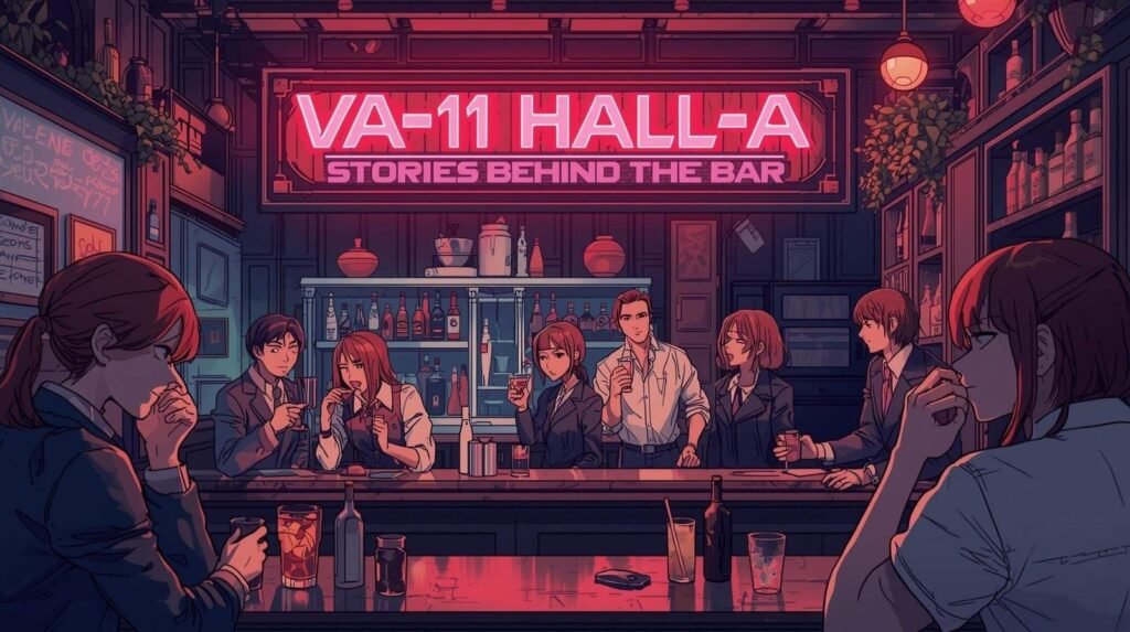 Anime-style cyberpunk bar scene from VA-11 Hall-A with bartender and customers talking under neon lights.