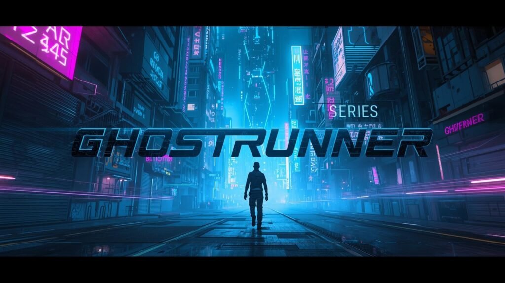 A lone cyber warrior walking through a neon-lit futuristic city street in Ghostrunner series cyberpunk setting.