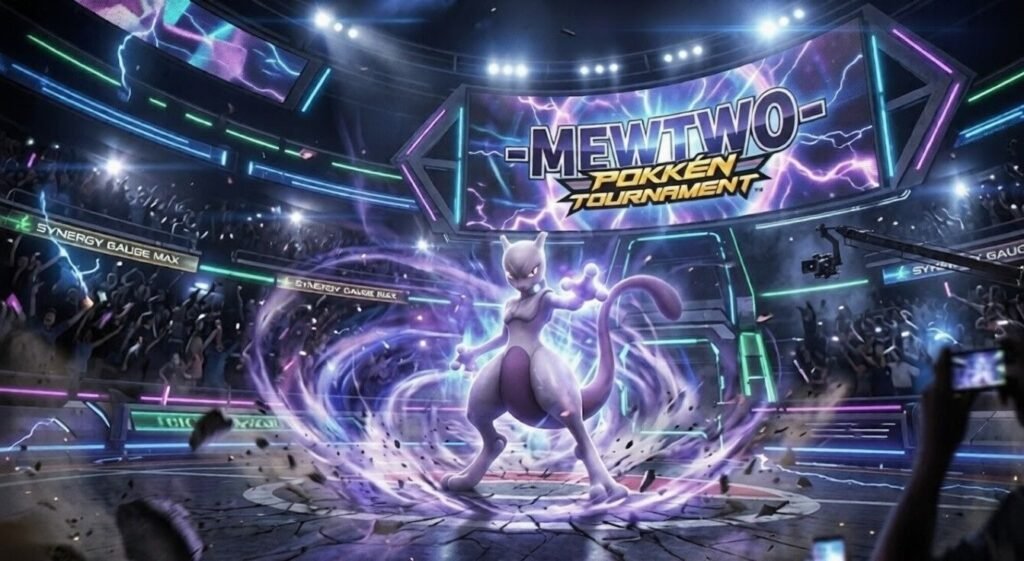 Epic arena scene featuring Mewtwo unleashing psychic power in a futuristic stadium during a battle inspired by Pokkén Tournament.