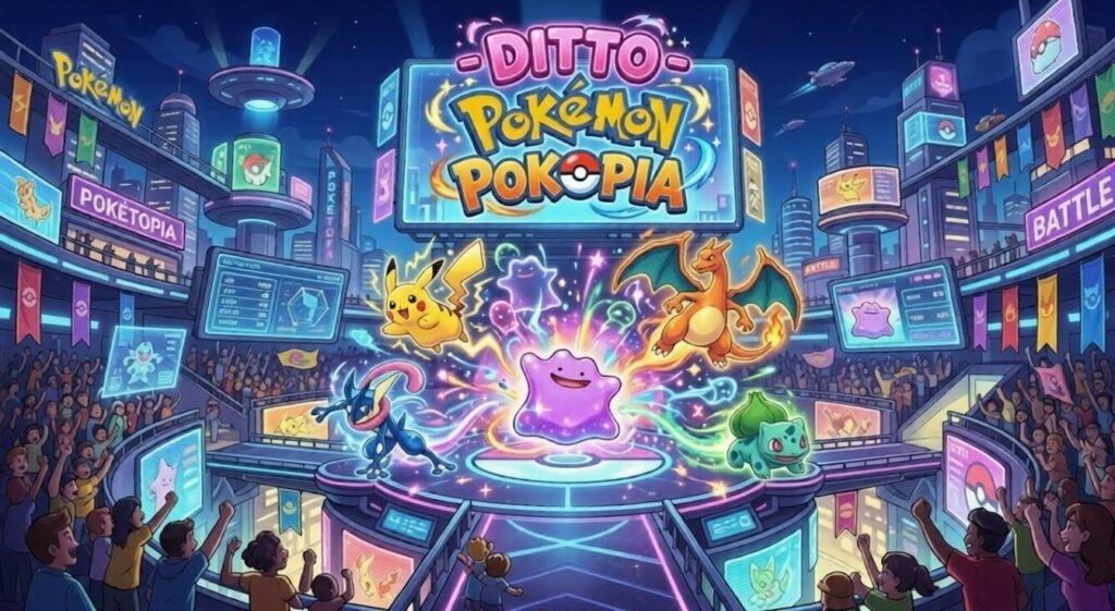 Ditto on a glowing stage surrounded by Pokémon in Pokopia arena.