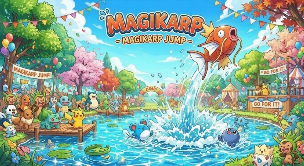 Colorful festival scene where Magikarp leaps high from a pond while Pikachu, Snorlax, and other Pokémon cheer during a lively event inspired by Magikarp Jump.