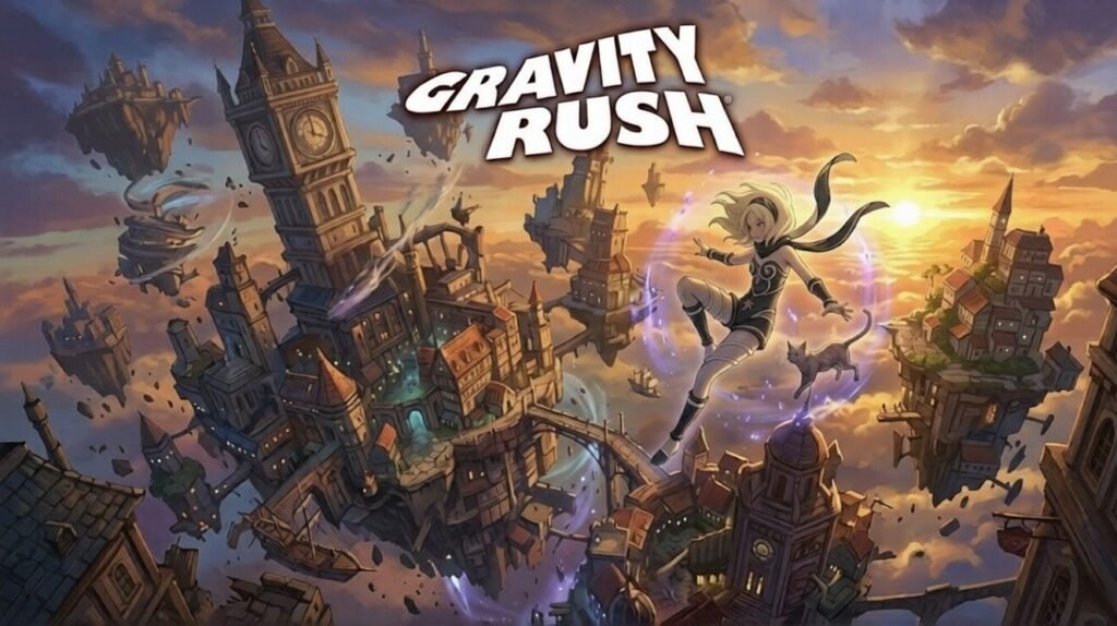 Anime-style heroine floating in midair above a fragmented floating city with the title “Gravity Rush”.