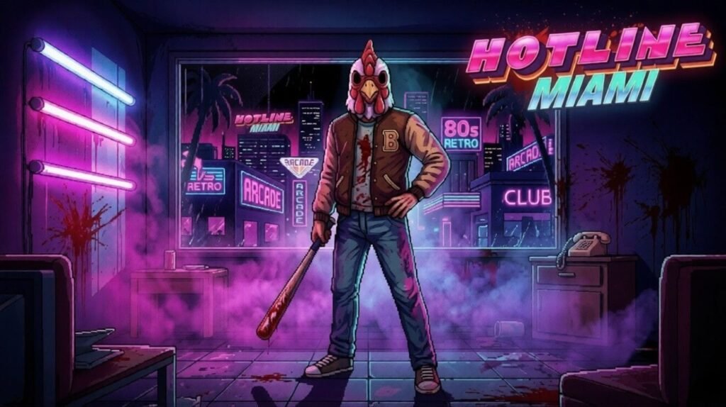 Retro neon artwork from Hotline Miami showing the masked protagonist holding a bloody bat inside a neon-lit room overlooking a vibrant 1980s Miami city skyline.