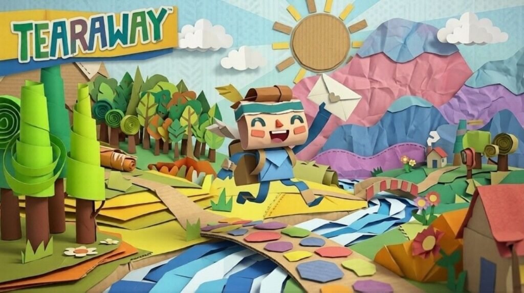 Colorful paper-craft world from Tearaway showing a smiling messenger character running across a paper bridge with forests, mountains, and a bright sun made from folded paper.