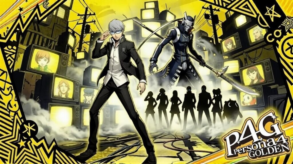 Artwork of Persona 4 Golden showing the protagonist summoning his Persona while teammates stand behind him among glowing televisions in a stylized yellow city background.