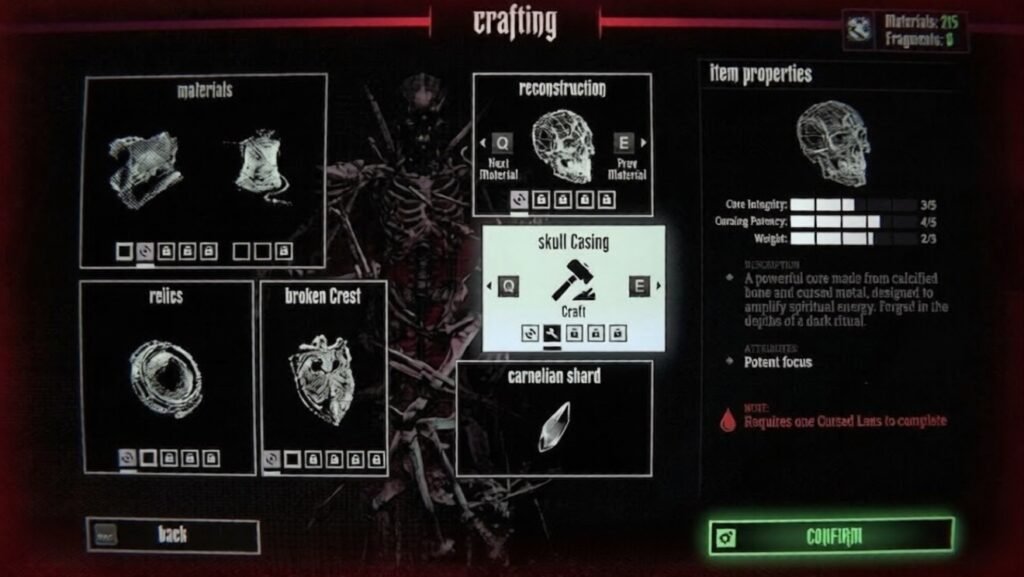 Kill Knight crafting menu showing skull casting, materials, relics, and item properties interface