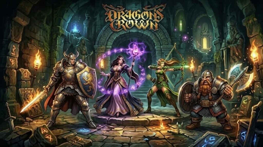 Fantasy heroes including knight, sorceress, elf, and dwarf in Dragon’s Crown dungeon.