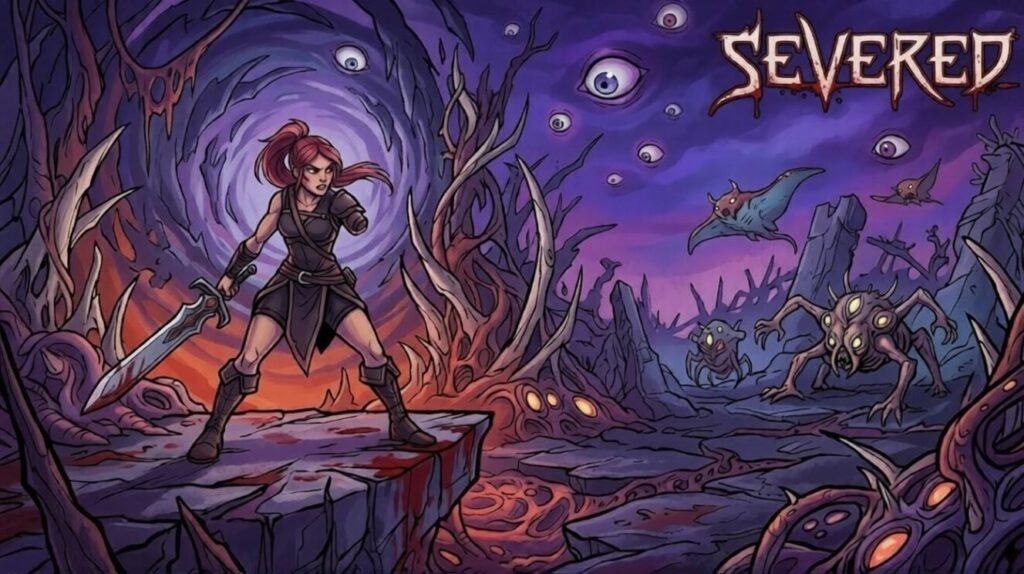 Warrior girl Sasha stands with sword facing monsters in dark Severed world.