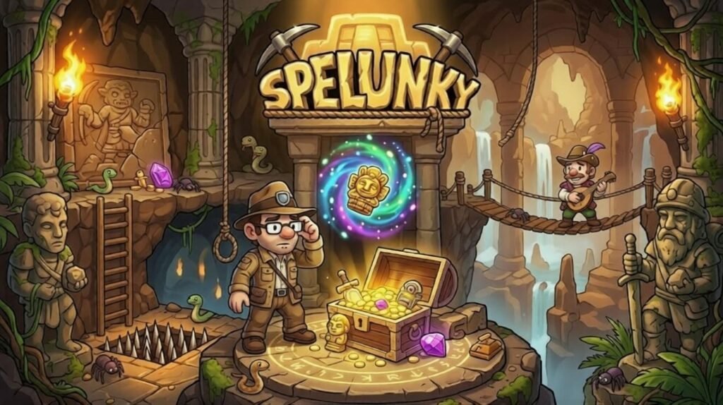 Cartoon-style cave adventure scene showing an explorer discovering treasure inside an ancient temple while traps, ropes, snakes, and statues surround the area.