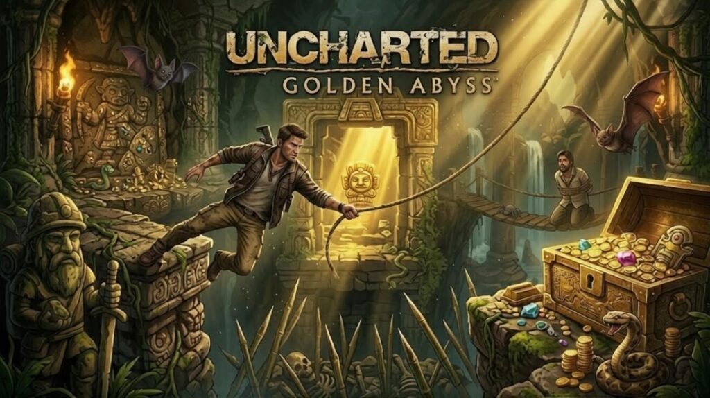 Adventure scene showing a treasure hunter swinging across a dangerous temple pit while treasure, traps, bats, and ancient statues surround the jungle ruins.