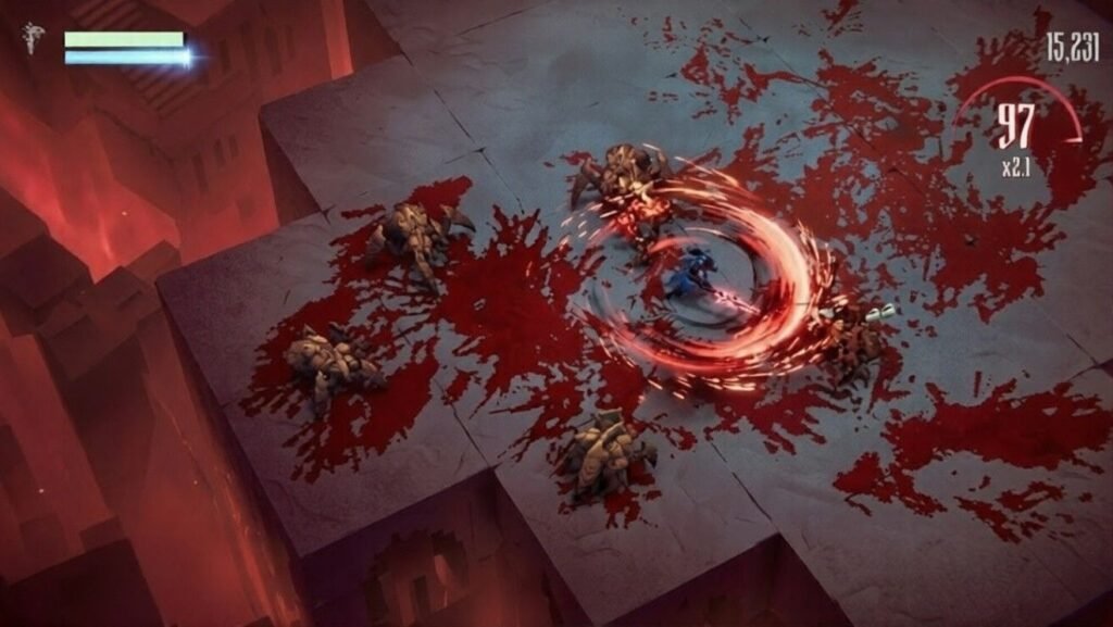 Kill Knight combat scene showing spinning melee attack against enemies with blood effects