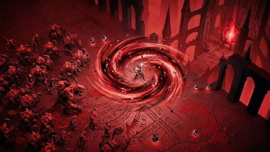 Kill Knight abyss arena with swirling red attack surrounded by enemies and dark gothic environment