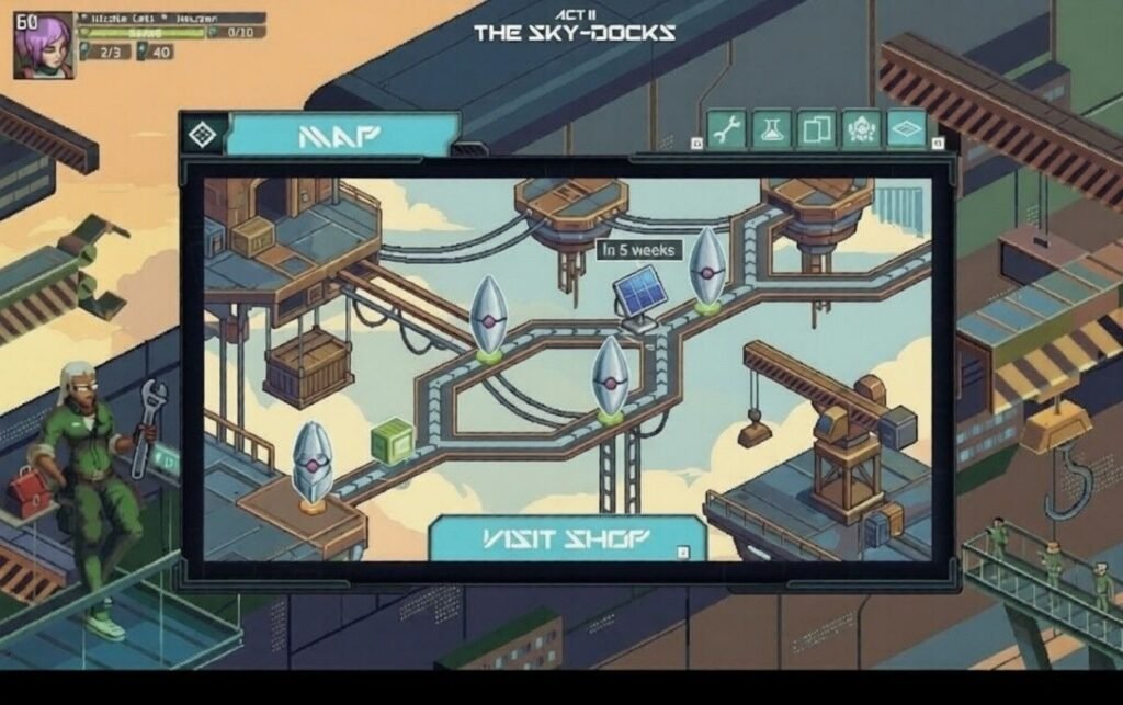 Gameplay screen of Arc Seed showing Sky-Docks map with mech upgrades and pathways.