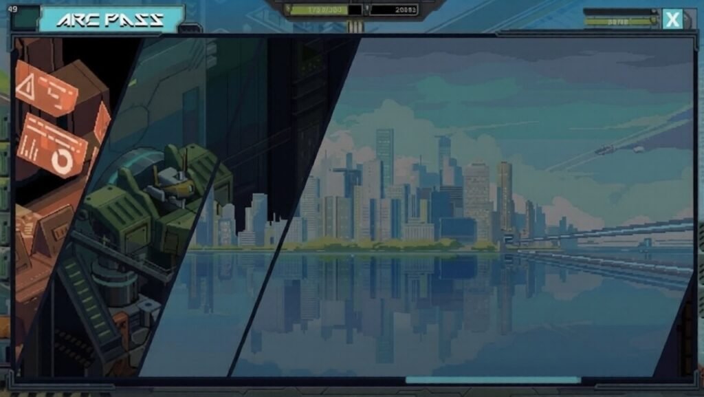 Cinematic scene from Arc Seed showing mech overlooking futuristic city skyline.