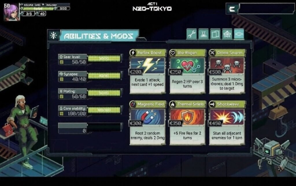 Abilities and mods screen in Arc Seed showing stats, cards, and upgrade options.