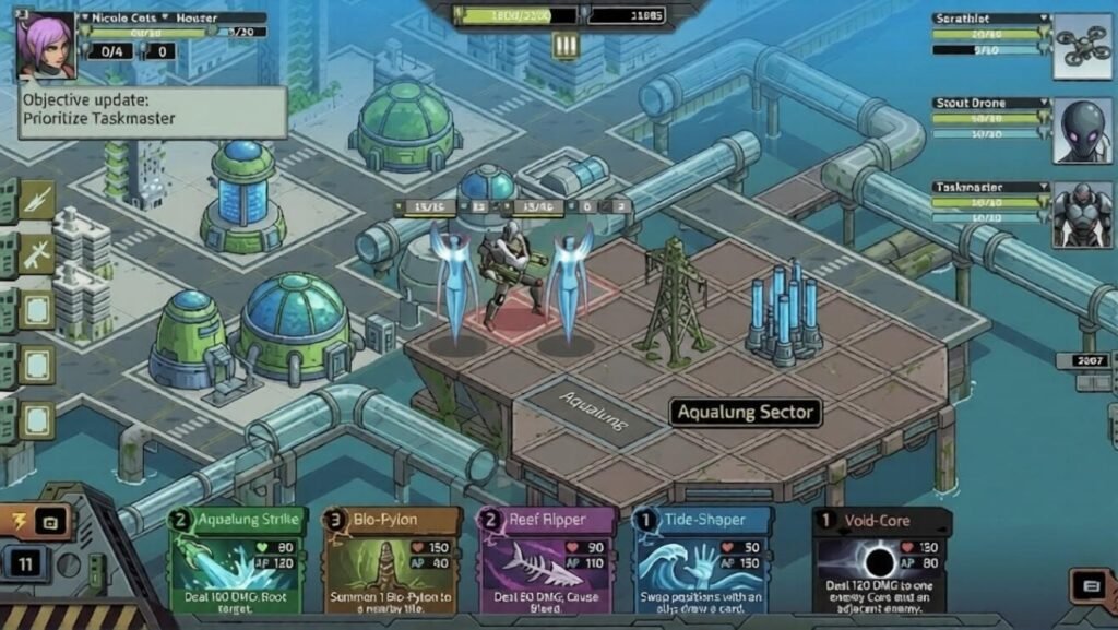 Grid-based combat scene in Arc Seed showing mech fighting enemies in Aqualung Sector.