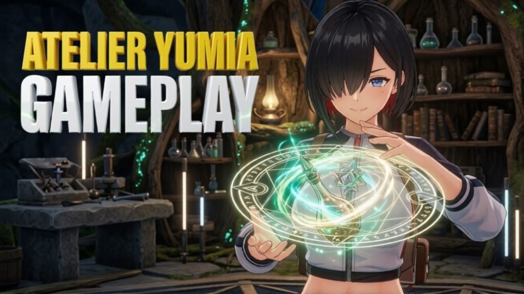 Character performing alchemy in Atelier Yumia gameplay scene with glowing crafting circle