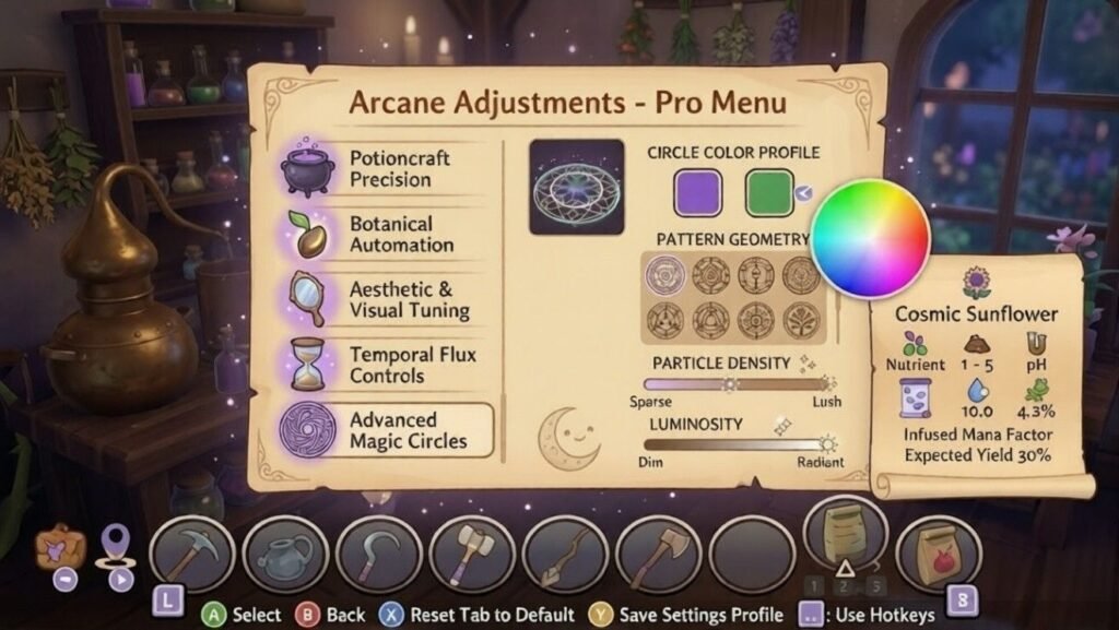 A detailed in-game menu shows advanced magical settings, potion crafting options, and customization tools in a cozy alchemy workshop environment.