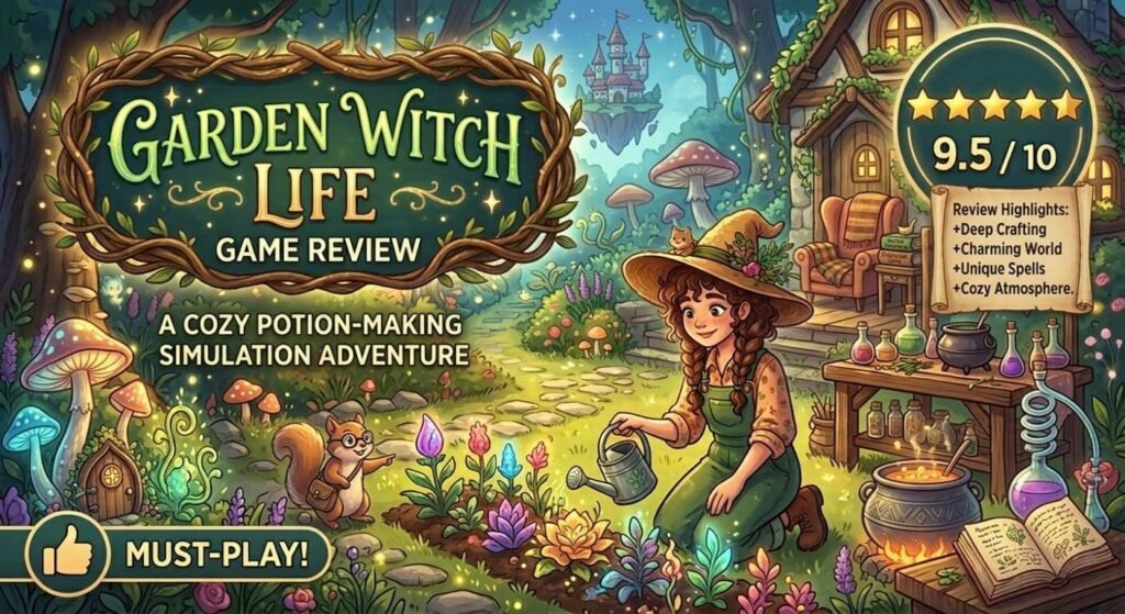 A cheerful young witch tends a colorful magical garden while review text highlights a cozy potion-making simulation with high rating and gameplay features.