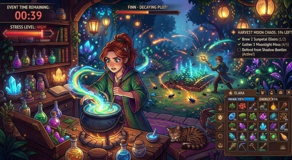A young witch named Elara brews a glowing potion in a forest workshop while magical chaos unfolds outside with insects attacking crops and a companion defending them.