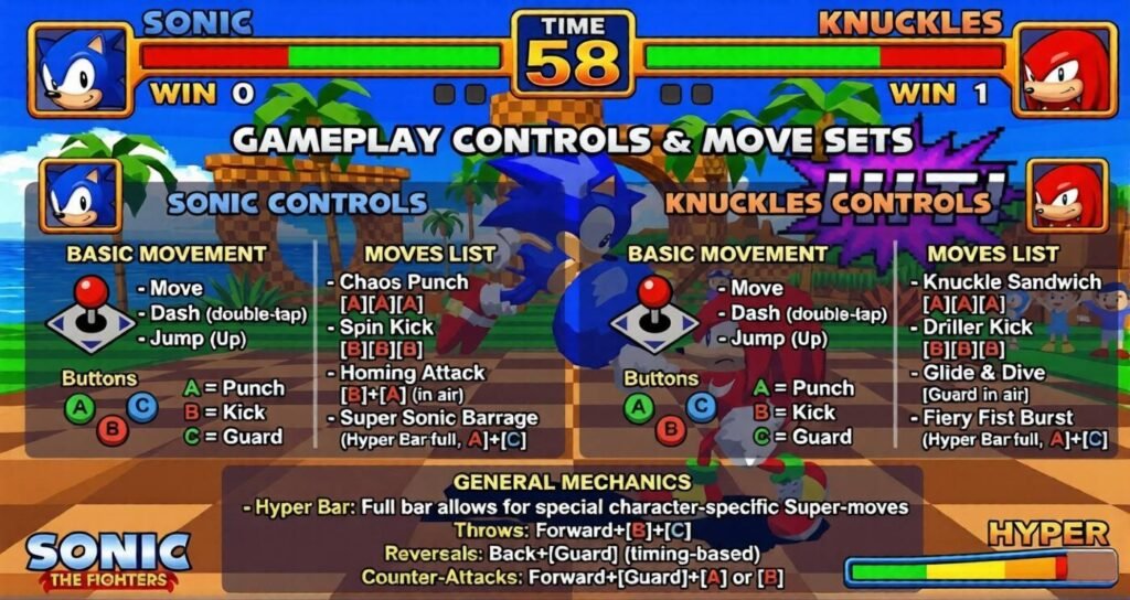Gameplay controls screen from Sonic the Fighters showing move sets for Sonic the Hedgehog and Knuckles the Echidna with button inputs and mechanics.
